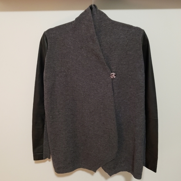 THE Kooples Leather Merino Wool Gray Black Cardigan - Picture 5 of 6